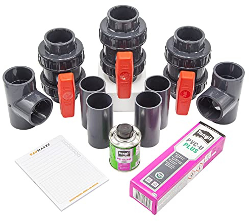 Baumaxxe Pool Bypass Set 50mm I 12-teilig mit 3 Kugelhähnen, 2 T-Stücken, 4 Rohren, PVC Kleber und Reiniger I Für Wärmepumpe Solarabsorber Schwimmbadheizung Heimwerker I bm150