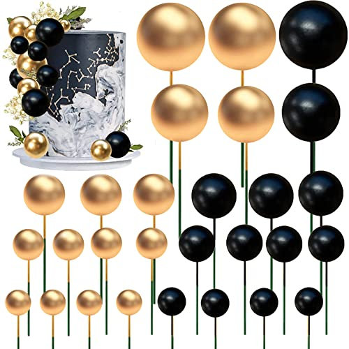 50 Mini Topper de Gâteau de Ballon Cupcakes Toppers Balle Gâteau Topper Topper à Gâteau d’Insert DIY Boules de Fausses Perles - Pour gâteau d'anniversaire, de mariage, de pâtisserie (or noir)