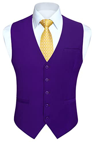 HISDERN Gilets Sans Manche Homme Gilet De Couleur Unie En Coton Pour Hommes Gilet De Costume De Mariage Soiree Formelle,Violet,M