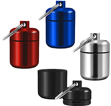 4PCS Pillendose Schlüsselanhänger Wasserdicht, Aluminium tragbare | Schlüsselanhänger Klein Pillenbox Schlüsselanhänger Tablettenbox für Reise Camping Angeln Speicherung (4 Farben)