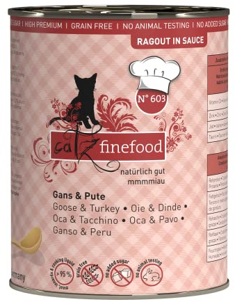 catz finefood Ragout N° 603 Gans & kalkon kattmat våt – finmat, våtfoder för katter i sås utan spannmål och socker med hög kötthalt, 6 x 380 g burk