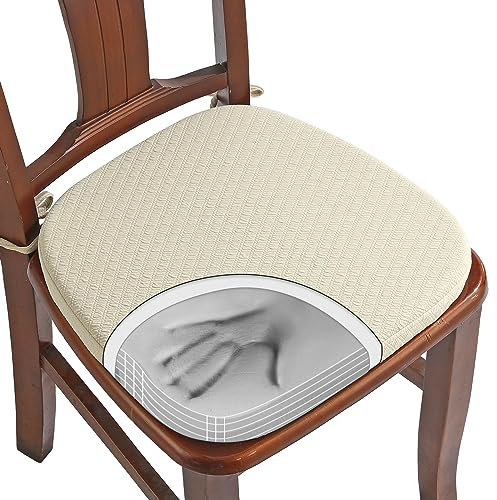 BUYUE Lujoso cojín de espuma viscoelástica 100 % pura para silla, 1 paquete, jacquard de 16 pulgadas, cómodo cojín para silla de comedor, antideslizante, extraíble y antideslizante, 1 unidad, beige