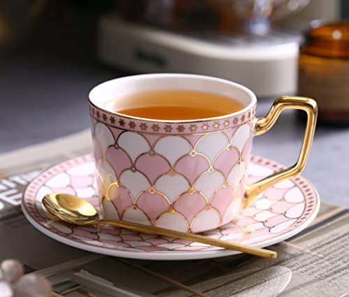DECRZPB Set di tazze da tè e piattino in ceramica per caffè Set di tazze da caffè e piattino in ceramica rosa, piatto per tazza di succo di latte regalo di compleanno per ufficio e casa