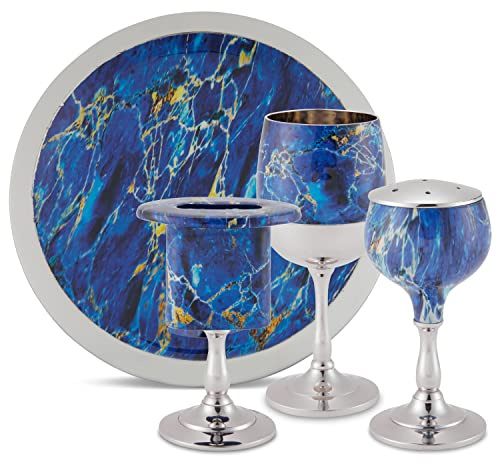 Zion Judaica Elegantes Ende des Shabbat Havdalah-Set, vernickelt, blauer Marmor-Aufkleber, Havdualah-Kerzenhalter, Besamim-Gewürzbox – Shabbos-Dekorationen
