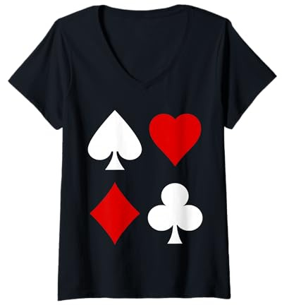Damen Spielkarten Fasching Kostüm Karo Pik Kreuz Herz Poker Romee T-Shirt mit V-Ausschnitt