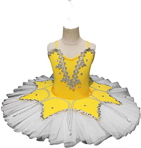 OTMYIGO Professionelle Mädchen Swan Lake Kostüme Ballett Strass Camisole Schwan Ballett Tutu Rock Hard Organdy Platter Performance Leotard Rock,Gelb,S