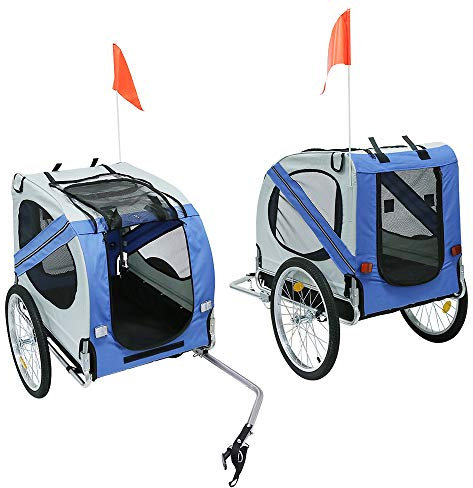 Drumm Hund Fahrrad Anhänger, Haustier Kinderwagen, Oxford Stoff Faltradrahmenrahmen mit Reflektor, Flagge, Deichsel, Reißverschluss Tür (Blau)