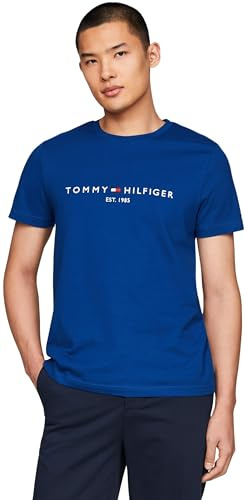 Tommy Hilfiger Herren T-Shirt Kurzarm Tommy Logo Rundhalsausschnitt, Blau (Anchor Blue), S