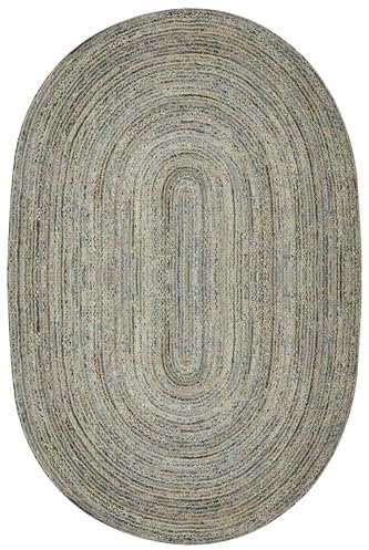 Geflochtener massiver natürlicher Jute-Teppich, Boho-Teppich, indischer Kelim-Teppich, groß, oval, gewebt, Flachgewebe, Dhurrie für Wohnzimmer, Bauernhaus, Esszimmer, Schlafzimmer (blau)