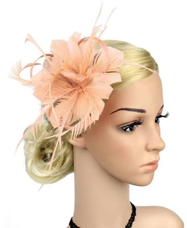 LERTREEUK Fascinator mit seitlichem Clip, Blumendesign, Gatsby Flapper, Feder, Haarspange, Vintage-Stil, Hochzeitsbrosche (Nackt Rosa)