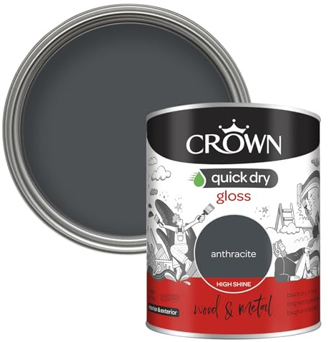 Crown WOOD & METAL Anthracite Grey Paint Gloss - Radiators & Railings 750ml | Grey gloss paint for skirting boards, radiators, doors, window frames & railings. Quick-dry, non-yellowing, low VOC