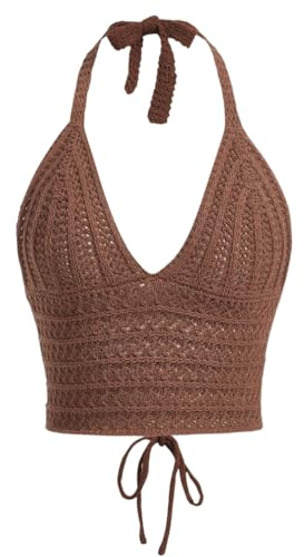 Naileksi Top da donna con lacci senza schiena, all'uncinetto, crop top Y2k, slim fit, senza maniche, scollo a V, retro con lacci, canotta, Marrone, S