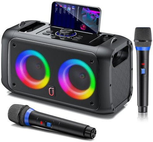 JYX Machine de Karaoké avec 2 Microphones sans Fil pour Adultes Enfants, Système de Karaoké Portable Prend en Charge Les Fêtes à La Maison，au Camping，Supporte TWS/AUX/USB/TF Card.