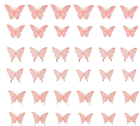 36 Pcs 3D Schmetterlinge Deko Papier Schmetterling Wanddeko Aufkleber für Wohnzimmer Heimdeko Küche Wand Deko Hochzeit Party Geschenke Küche Fenster Möbel (Roségold)
