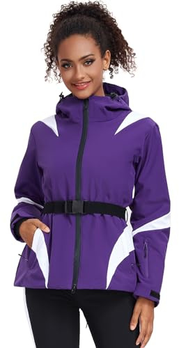 ALSOGO Chaquetas de esquí para mujer impermeable aislado snowboard montaña con capucha abrigo de nieve chaqueta con cinturón, morado, M
