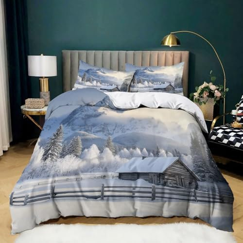 Holzhaus Unter Schneebedeckten Bergen Bettwäsche Set Schneeszene Microfaser Bettbezug Set 200 x 200 cm, Weich Bequem Atmungsaktives Bettwäsche mit Reißverschluss für Kinder Jugendliche Erwachsene