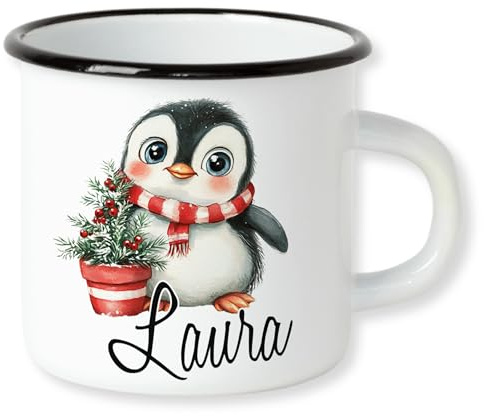GRAZDesign Weihnachtstasse Pinguin Kindertasse mit Namen personalisiert Emaille Bruchsicher für Kinder 250ml