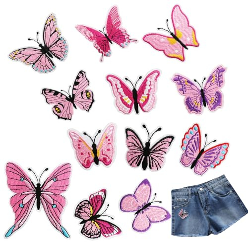 LINGJIA Aufnäher zum Aufbügeln, Schmetterlingsstickerei, Aufnäher zum Aufbügeln, für Kinder, Jeans, Dekoration für Schultasche, Rosa, 12 Stück