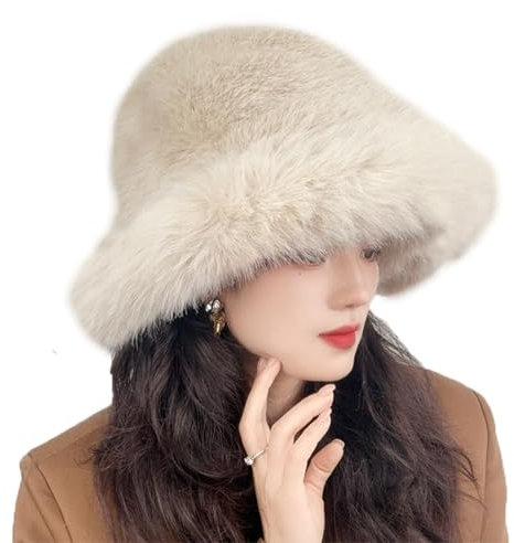 LJRPUPY Damen Trappermütze aus Kunstnerz, Wintermütze, Pelzmütze, Uschanka, warm, flauschig, Fischermütze, Mongolischer Hut, aprikose, Einheitsgröße