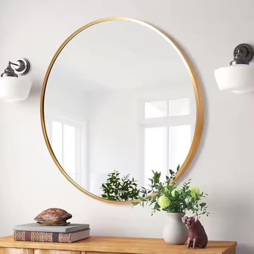 BOURGH CLARITE Sehr hochwertiger eleganter runder Wandspiegel Ø90cm - Goldener Rahmen gebürstet, Rückseite mit MDF Platte verstärkt