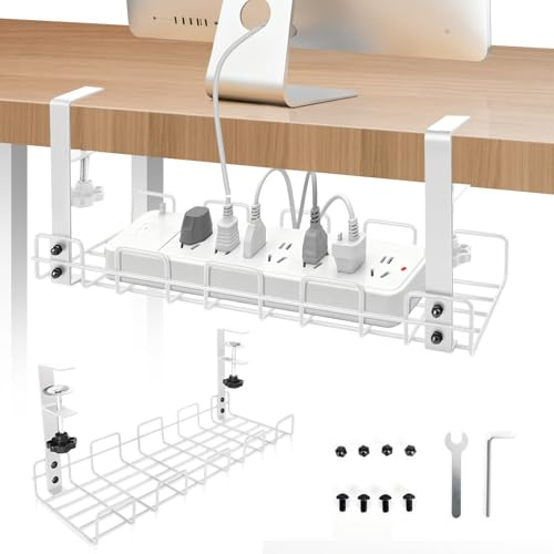 Under Desk Cable Management Tray No Drill, Cable Tray Under Desk, Metal Standing Desk Wire Organizer Basket Clamp for Office Home Cord Tidy Rack, White,1PCS