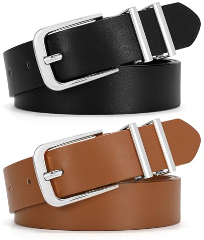 VONMELLI Damen Gürtel 2 Stück–Schmaler 2.5cm Ledergürtel mit Goldschnalle für Jeans Kleider & Business Outfit(Schwarz/Braun)
