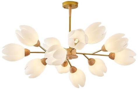 Chandelier, Pendant Light Lighting, LED Ceiling Light Fixture with Tulip Glass Shades, 6/8/10 Lights Wood for Dining Room, Living Room, Bedroom, (12 Lights)