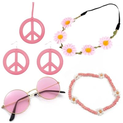 TPZORJX 5 PCS Hippie Kostüm Accessoires, Vintage Zubehör per Costume Hippie mit Brille Friedenszeichen Halskette Ohrringe Stirnband Armbänder Kranz für Damen Herren 70er 80er Jahre Party Karneval