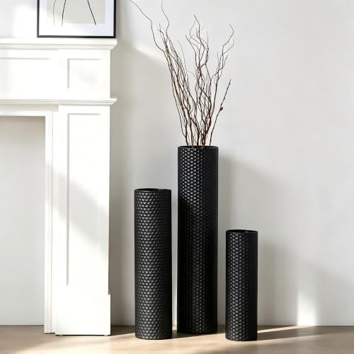Dnnnii 3 Vasen Set - Hohe Zylindervasen aus Metall Schwarz, Moderne Wabenstruktur, Große Stehvasen für Wohnzimmer (Höhe bis 70cm, Raumdekoration)