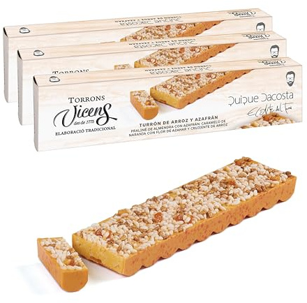 Turrón de Arroz y Azafrán by Quique Dacosta 300g en Estuche línea Sinergia Torrons Vicens - Dulces de Navidad Calidad Suprema - Turrón con arroz, naranja y cereales (Pack 3 Turrones)