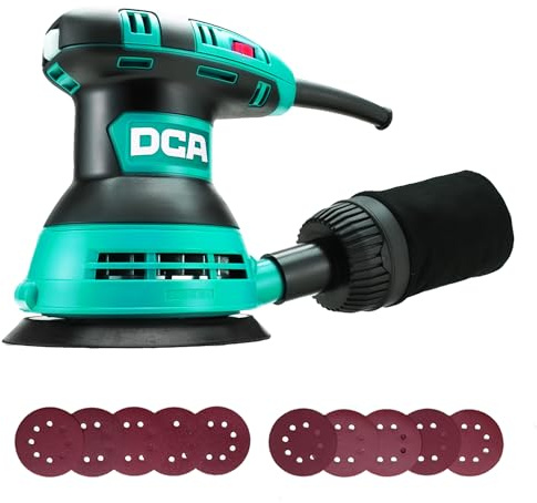 DCA Random Orbital Sander, 300W 12000 OPM Electric Sander with Dust Collection, 125MM Hand Electric Tool, 6 Variable Speeds, 10pcs Sandpapers for Woodworking,Sanding, Polishing, DIY, Home Improvements