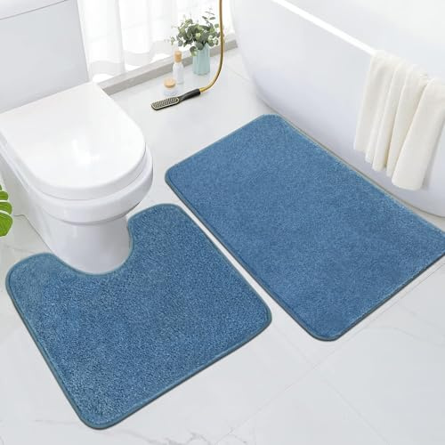 Rururug Soft Bath Mat Set of 2 - Super Absorbent & Non-Slip Bathroom Mats with TPR Backing, Machine Washable - 50x80cm + 50x50cm Rug Set for Shower & Toilet Floor (Blue)