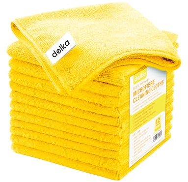 delka Microfibre Cleaning Cloths –Multi-Purpose, Ultra Soft & Lint-Free –Reusable, Streak-Free for Kitchen, Car, Glass, Windows & Electronics (Yellow, 12 Pack)
