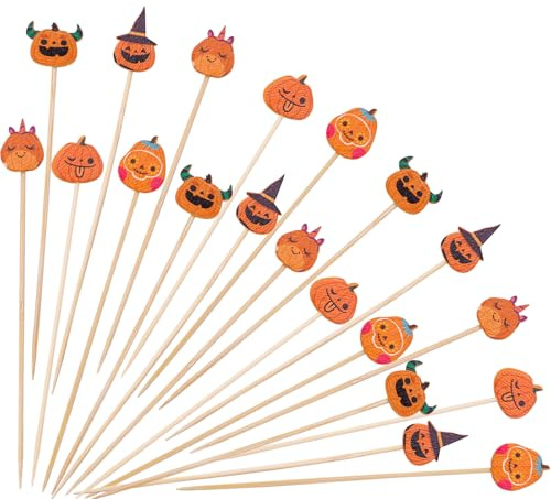 ENLACE 100 Stück Halloween Cocktailspieße Kürbis Spieße Fingerfood 12,5cm, Cocktail Deko Kürbis Holzspieße, Zahnstocher Holz, Muffin Deko Halloween Käsespieße Obstspieße Partyspieße Herbst Dekoration