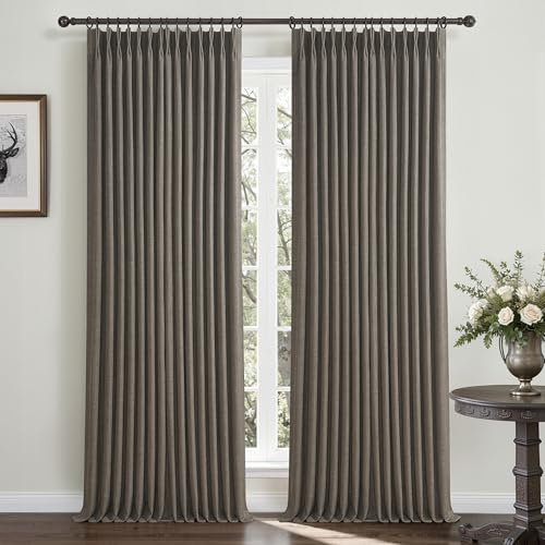 100% Blackout 96 Inch Linen Double Layer Curtains 2 Panels Set for Sliding Glass Doors, Memory Trained Pinch Pleated Chocolate Tart Insulated Sound Dampening Modern Windows Drapes 40x96 Inches Length