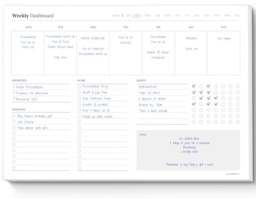 Weekly Dashboard To-Do List Notepad – Undated Weekly Planner with Habit Tracker & Notes – Minimalist A4 Layout for Productivity, Organization & Time Management (Mono)