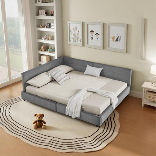 EMKK Polsterbett Schlafsofa 160x200 cm, Tagesbett mit Lattenrost, Jugendbett Couchbett, L-förmiges Eckbettgestell, Eukalyptus, Ohne Matratze (Grau, 160x200cm)