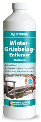 HOTREGA Grünbelagentferner Winter 1L | Konzentrat gegen Algen & Beläge | Reiniger für Stein, Holz & Kunststoff | Selbsttätig ohne Schrubben | Wirkt bei Kälte | Ergiebig bis 100 m²