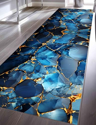 Kuluoits Läufer für Flure, 80x200cm Marineblauer Teppich, Küchenmatte, Marmorstreifen Mit Goldenem, Maschinenwaschbar, rutschfeste Gummirückseite, Küchenteppich für Wohnzimmer, Eingangsbereich, Büro