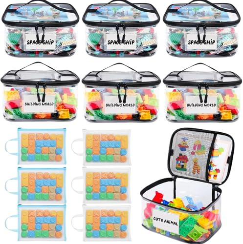 Paquete de 6 bolsas de almacenamiento de juguetes con 6 bolsas de malla con cremallera, organizador de juguetes de PVC transparente impermeable con doble cremallera, bolsa de viaje con etiqueta de