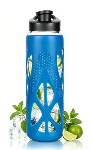 Hbzunt Borraccia in vetro da 700 ml, con custodia in silicone e manico, a prova di perdite, senza BPA, per ufficio, yoga e fitness, blu