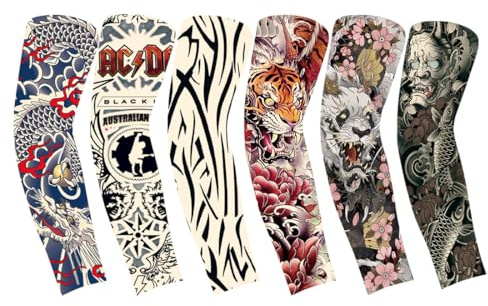 6 Manicotti Bracciali Tatuaggio, Design Stilizzati con Protezione UV, Traspiranti ed Elastici per Sport per Uomo e Donna, per feste in costume, Carnevale