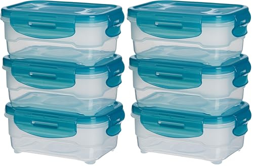 Amazon Basics Set di 6 contenitori ermetici per alimenti da 0.6 litri, con coperchio, in plastica senza BPA, adatti per frigorifero, congelatore, microonde e lavastoviglie, azzurro