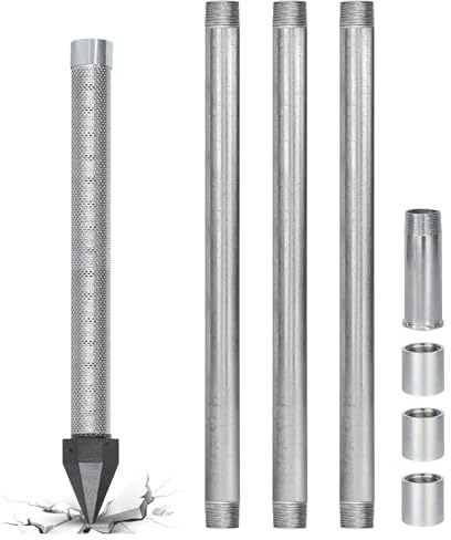 Kit de Forage de Puits pour Autonomie Eau, Pointe Filtrante 1-1/4 Inox, Crépine 60 Mesh avec Tubes Galvanisés, Solution Sécheresse et Irrigation Jardin Hors Réseau(4m)