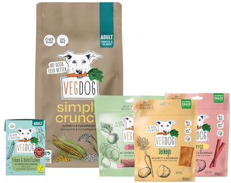 VEGDOG Pacchetto di prova: Simply Crunch, cibo umido, dentali, beevys, jerkeys | Cani adulti, pacchetto principiante
