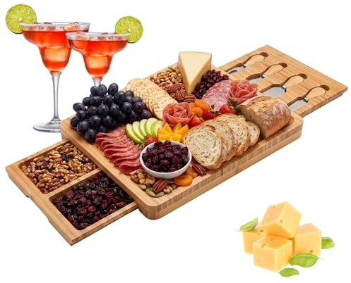 Minifactory Large Bamboo Cheese Board Set with 4 Stainless Steel Cheese Knives, Charcuterie Board with Dual Slide-Out Drawers, Cheese Serving Platter with Utensil Storage, Wooden Cheese Board