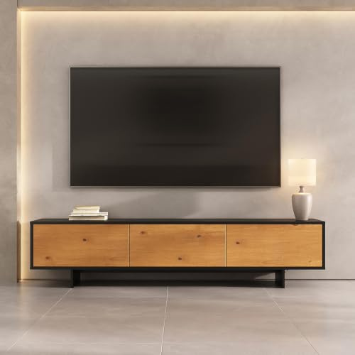 IDIMEX Lowboard ARTO 185 cm, Schwarz/Eiche Finish – Moderne TV Konsole mit 3 Türen aus Kiefer Massivholz, schwebende Optik, Push-to-Open-Funktion, niedriges Lowboard mit Stauraum