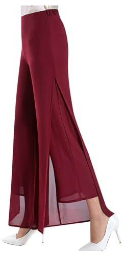 Générique 2026 Pantalon léger en Mousseline de Soie pour Femmes, Haute élastique, Jambe Droite évasée, Culotte de Cocktail de Mariage (Red, L)