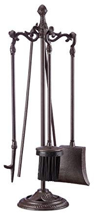 relaxdays Camino, 5 Accessori, Paletta, Scopino, Attizzatoio, Pinza, Supporto, HLP 51 x 18 x 18 cm, Marrone, Ghisa, 51x18x18 cm