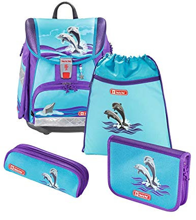 Step by Step Schulranzen-Set Touch 2 „Happy Dolphins“ 4-teilig, lila-blau, Traktoren-Design, ergonomischer Tornister mit Reflektoren, höhenverstellbar für Mädchen 1. Klasse, 21L